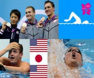 пазл Плавательный мужчин-подиум 200 метров на спине, Тайлер Клари (Соединенные Штаты), Рёсукэ Айри (Япония) и Райан Лохте (Соединенные Штаты) - Лондон-2012-